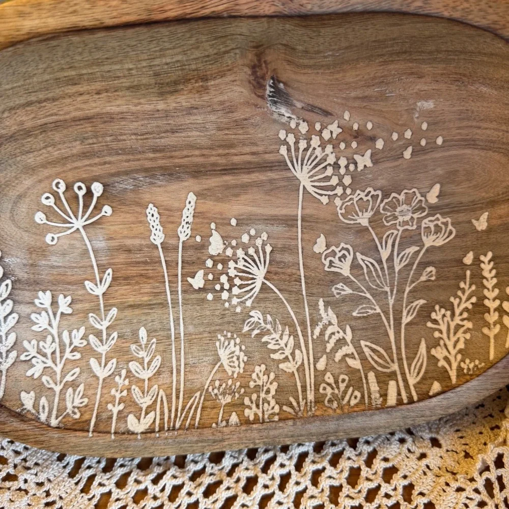 WT Collection Wing Tai Trading Co Floral Carved Wooden Oval Trinket Tray